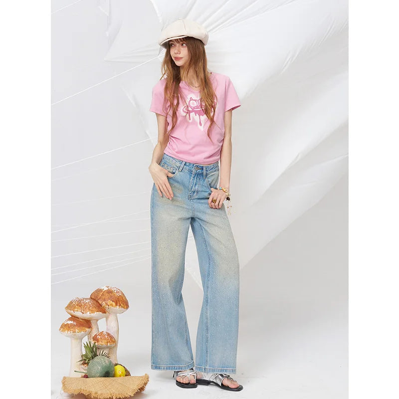 ELFSACK Pink Drippy Heart Cat Print Crop T-Shirt Y2K - - 2