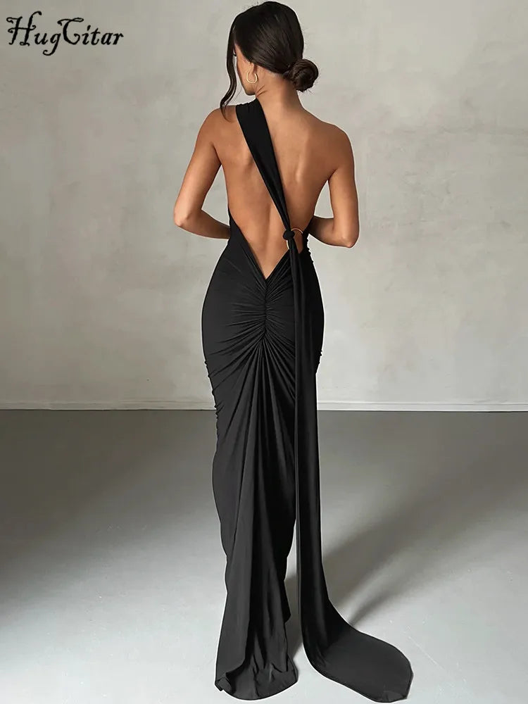 Hugcitar One Shoulder Backless Adjustable Scarf Loop Ruched Sexy
