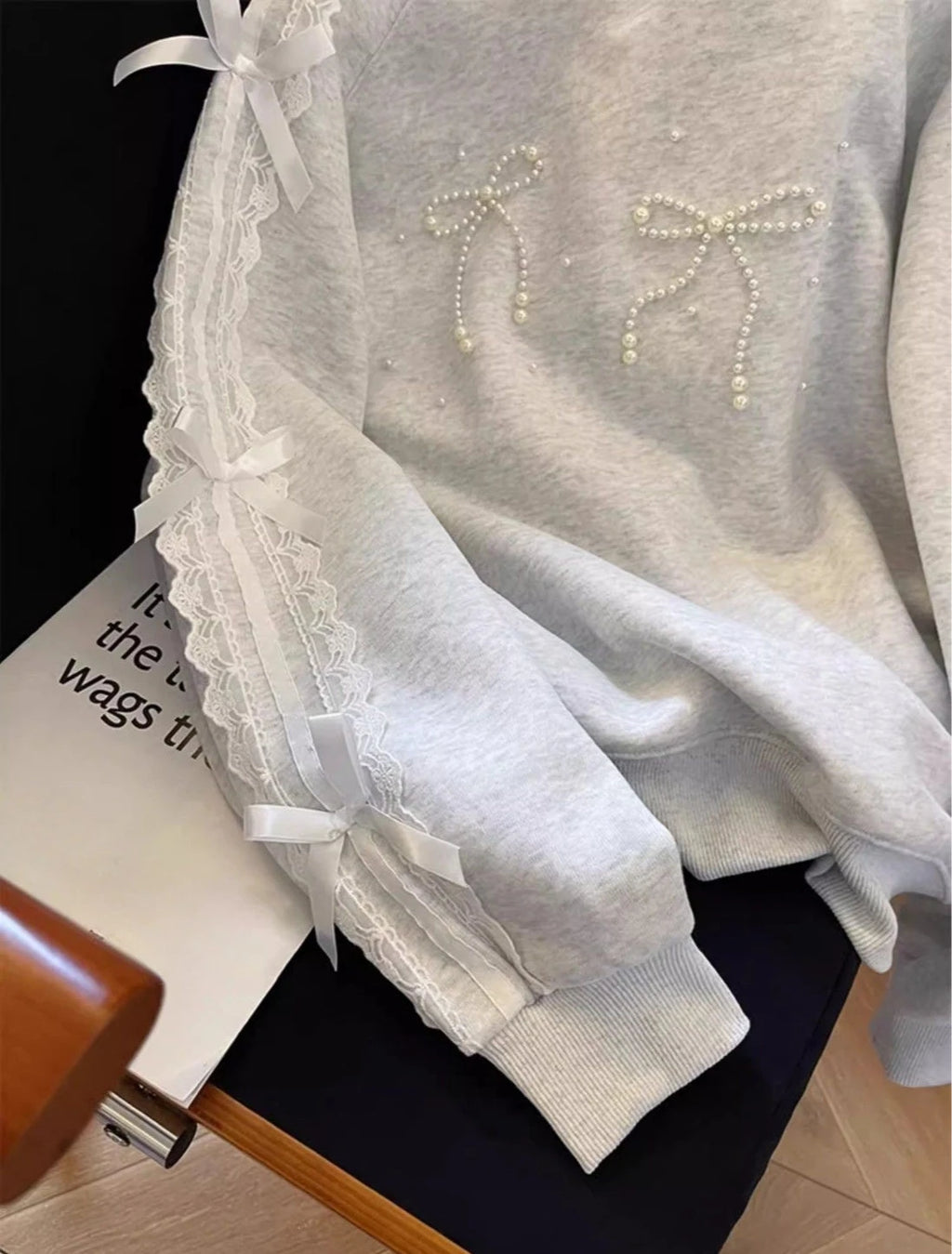 Grey Woman Pullover Tops Lace Emo Cotton Y2k Style New in Dropshiping Vintage 2025 Trend Basic Matching Bow Sweatshirt for Women
