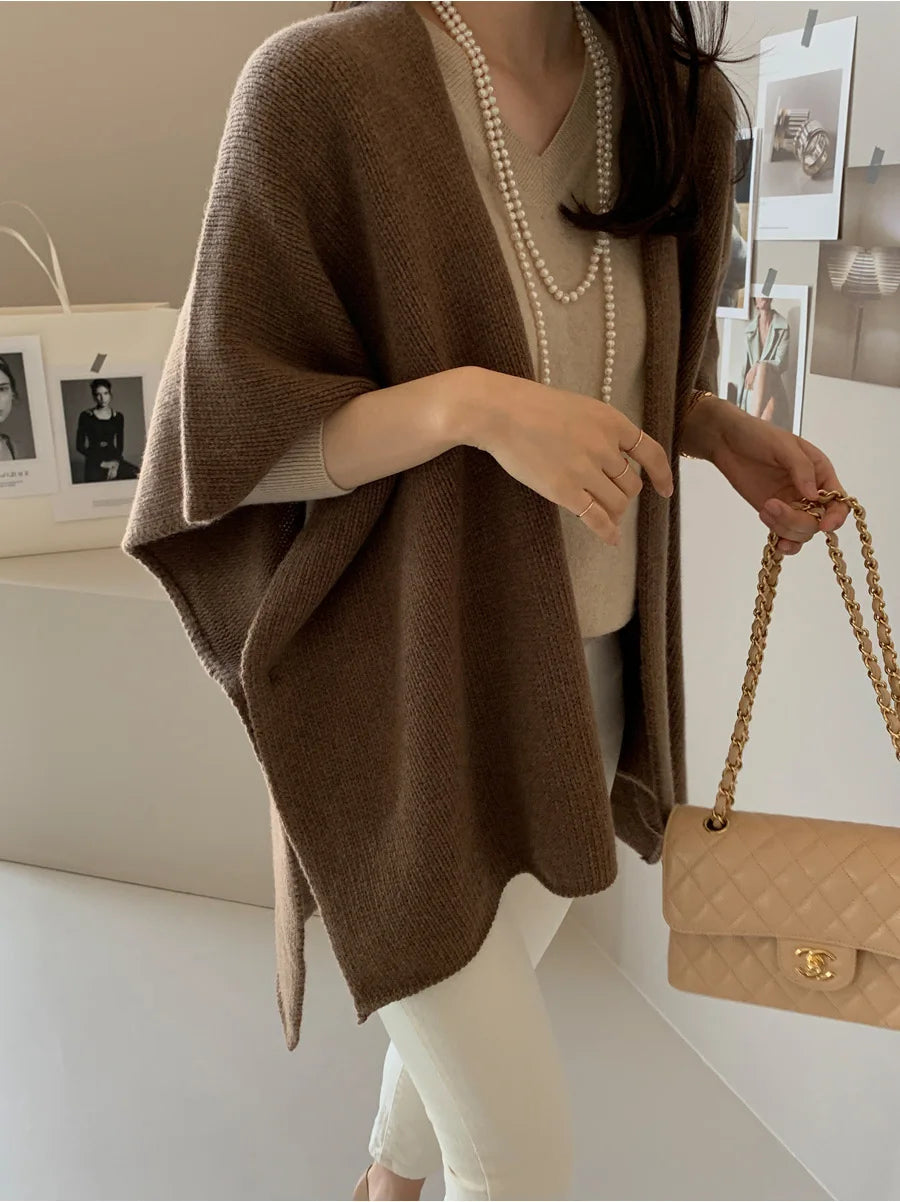 Fashion Elegant Knitted Shawl Jacket Korean Style Women's Casual Loose Warm Cloak Top Solid Color Knitted Cardigan Sweater Coats