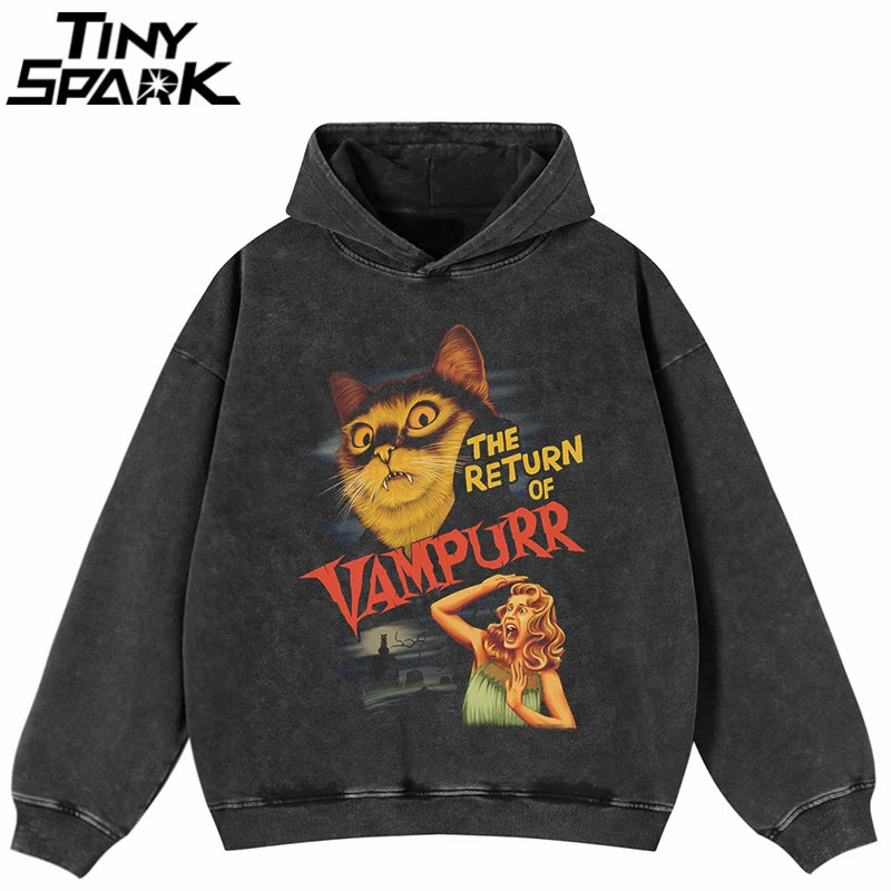 2025 Hip Hop Oversize Hoodie Sweatshirt Men Streetwear Retro Movie Vampurr Cat Graphic Harajuku Washed Black Hooded Pullover