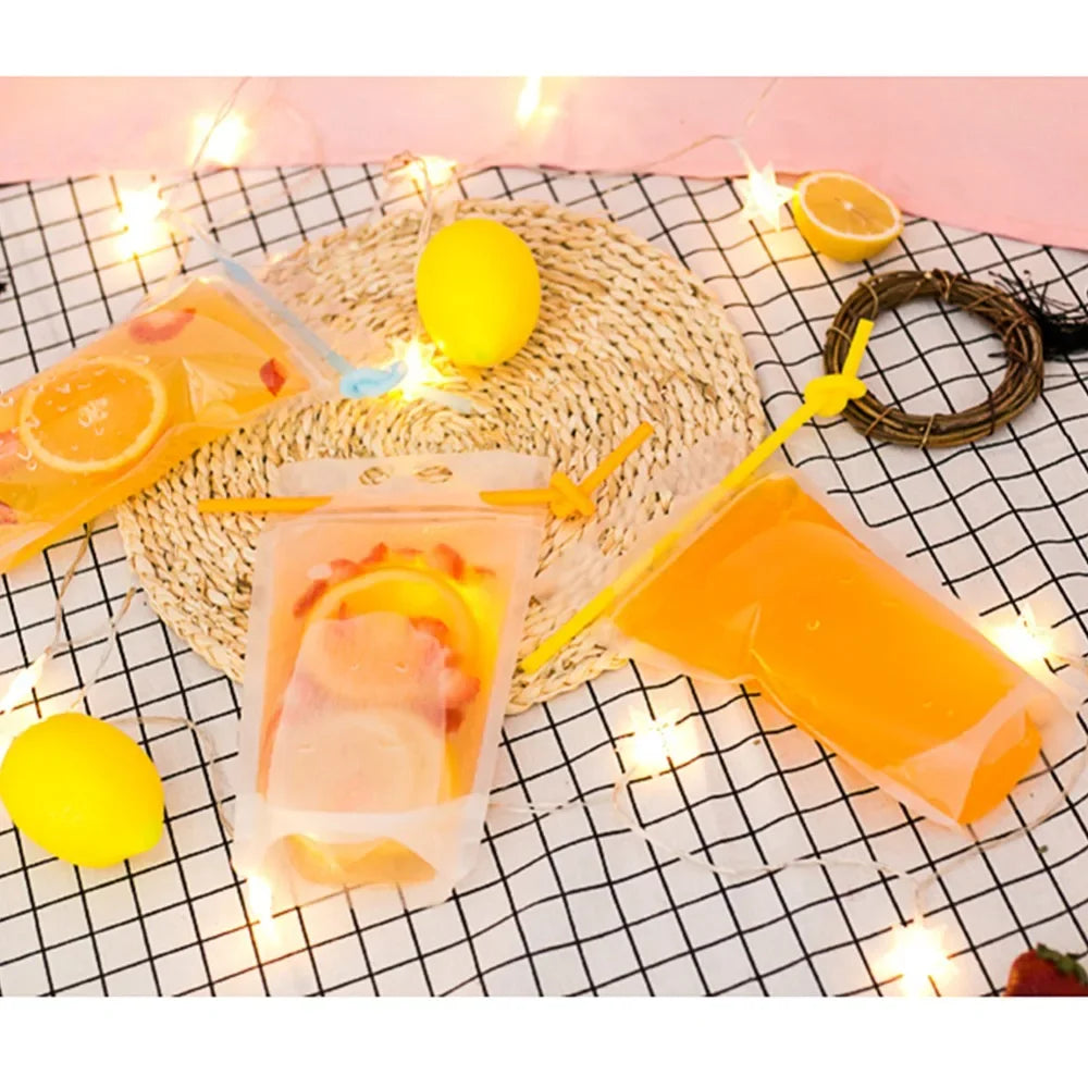 50Pcs Clear Plastic Drinking Packaging Bag Food Fresh Keeping Transparent Beverage Juice Milk Coffee Pouch Zip Bag Without Straw