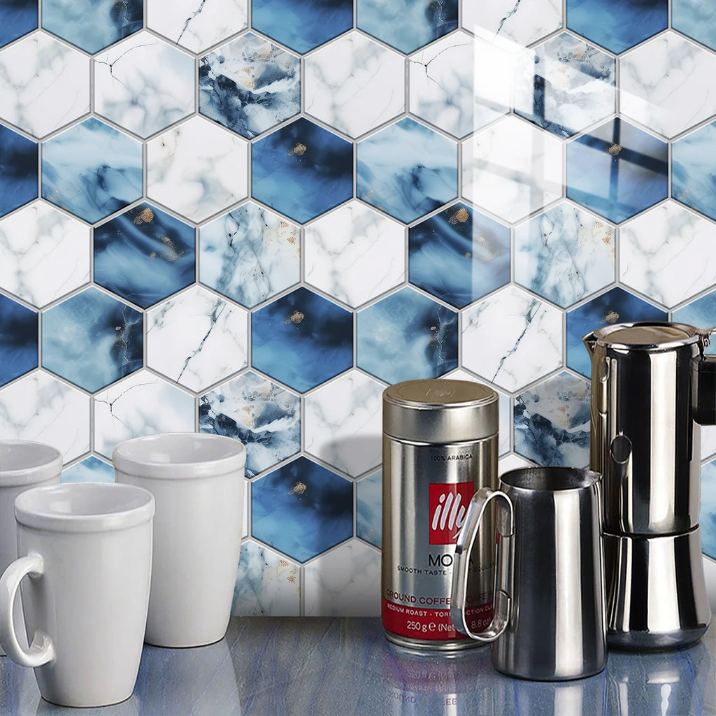 5 Styles Flat Hexagon Marble Embossing Tile Wall Stickers Oil-Proof Kitchen & Bathroom Washbasin Glossy Surface Decorative Mural