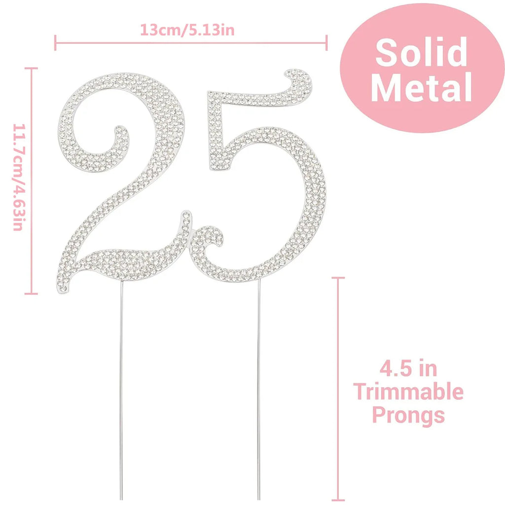 25 Cake Topper Sparkly Crystal Rhinestones Cake Topper Cake Decoration for 25th Birthday Party or or 25th Wedding Anniversary