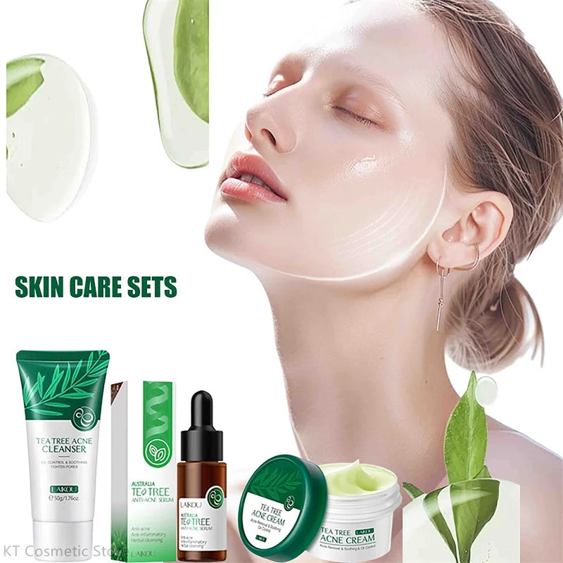 LAIKOU Tea Tree Serum 17ml Anti-Acne Cream 20g Cleanser 50g Plant Extract Refreshing Hydrating Moisturizing Skin Care Set Beauty