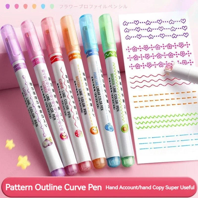 6pcs/set Flower Line Shape Highlighter Pen Roller Tip Curve Liner