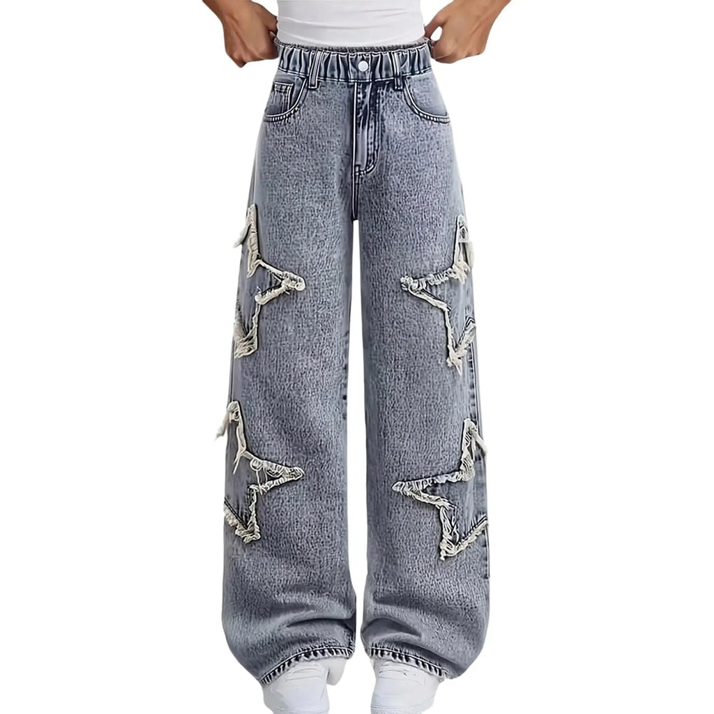 Fashion Teenager Girls Denim Pants Boys Star Raw Edge Patchwork
