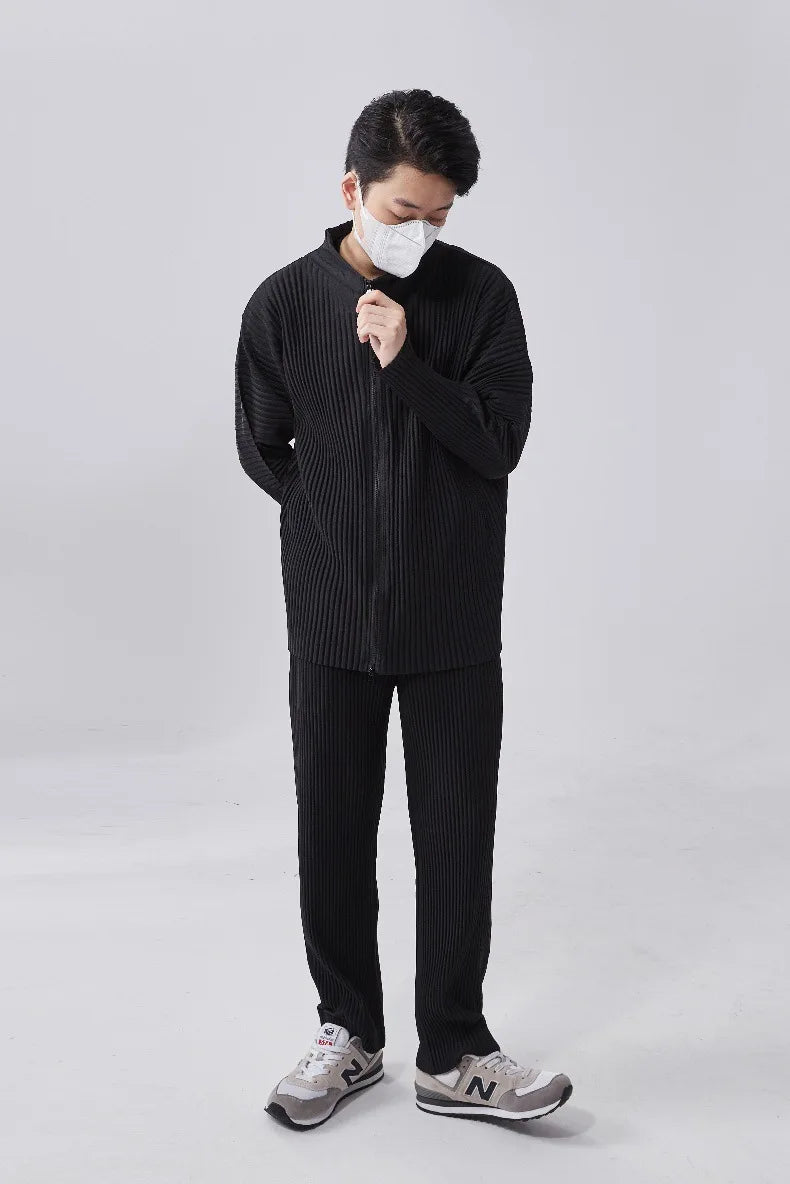 Miyake Men's Pleated Jacket Long Sleeve Standing Collar Fold Jacket Coat High Collar Zip Sweatshirt 2025 Spring Summer New Tops