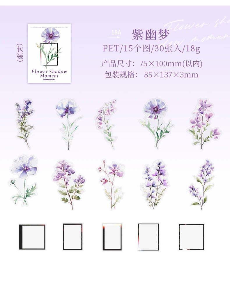 30 pcs film and Flowers Plant Stickers pack Creativity PET Decorative Sticker for DIY Diary Scrapbooking Junk Journal Supplies