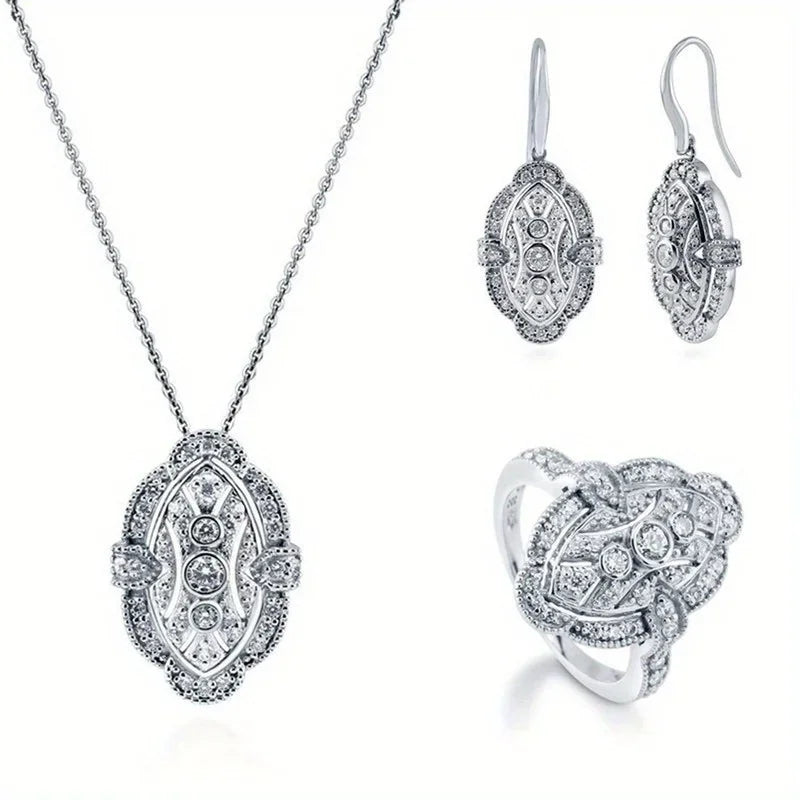 Women's Fashion Art Deco Cubic Zirconia Jewelry CZ Necklace Earrings Ring Bridal Engagement Wedding Jewelry Set Gift