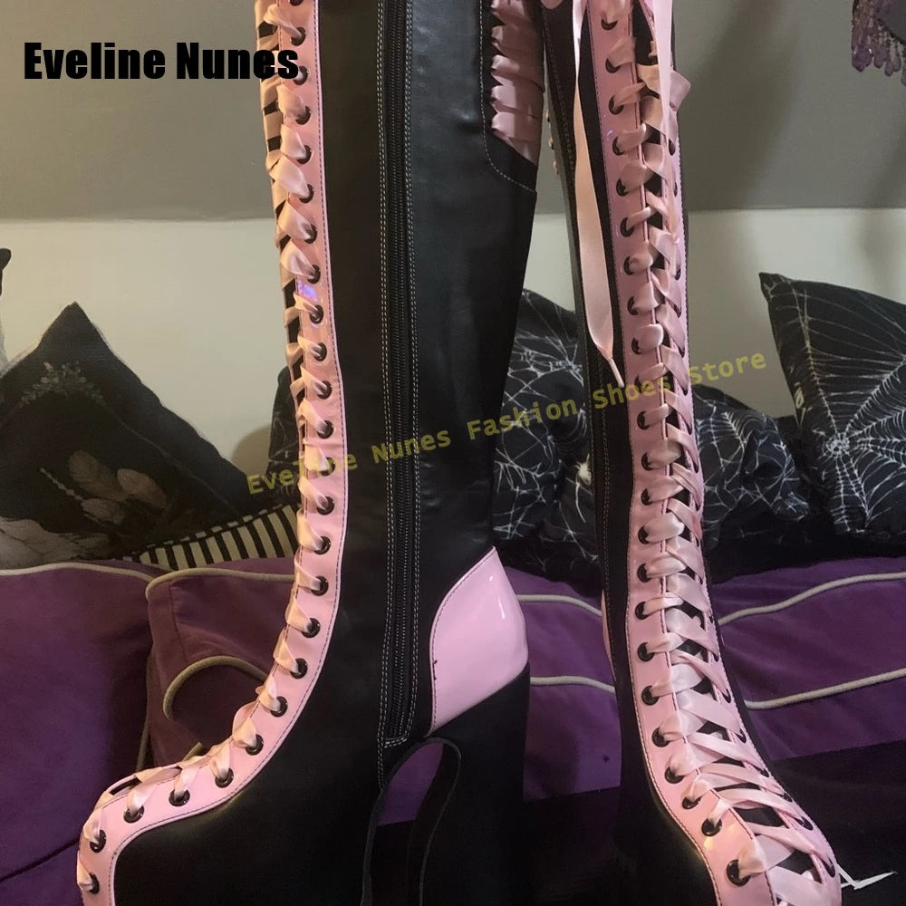 Y2K Black Pink Lace up Platform Long Boots Round Toe Gothic Chunky