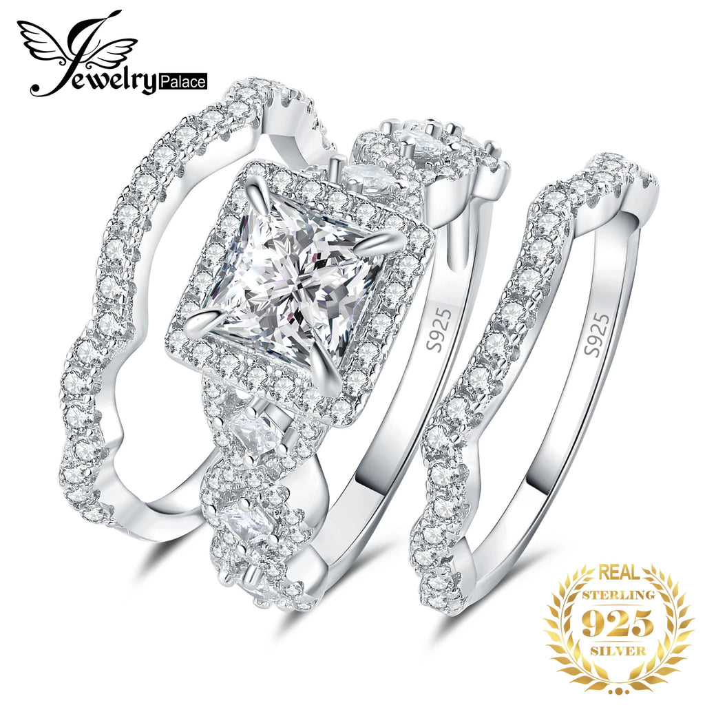 3-Pc 925 Sterling Silver Halo CZ Ring Set