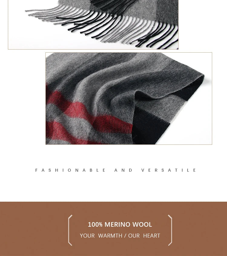 LONGMING 100% Merino Wool Knitted Shawl New Women Autumn Fashion Classic Plaid Solid Scarf Winter Warm Knottable Muffler for Man