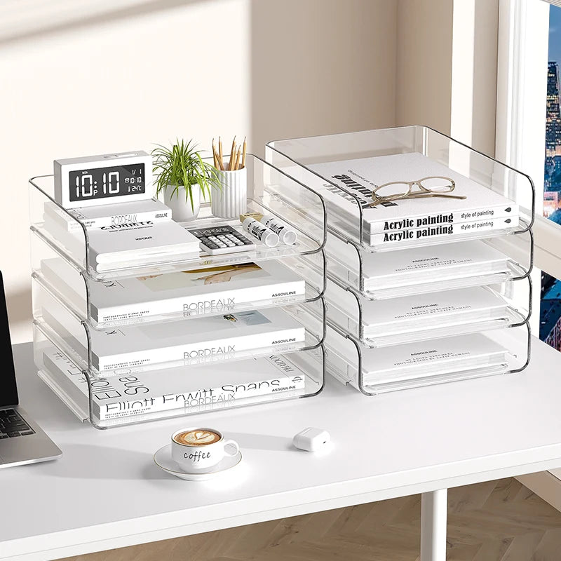 Desk Organizer with 2 Vertical File Holder, 4 Tier Stackable Paper Letter Tray File Organizer with  Pen Holder,Desk Organizer
