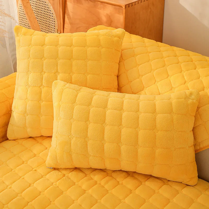 Soft Sofa Cover Thickened Solid Colour Flannel Square Quilted Sofa Cushion Warm Plush Velvet Non-Slip Universal Sofa Backrest