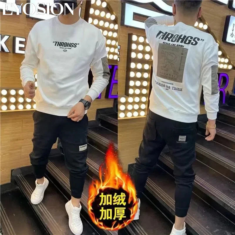 Autumn Youth Men's Sweatshirt Pullovers Letter Print Round Neck Slim Fit Thicken Hoody Long Sleeve Casual Sweatshirt Male Tops