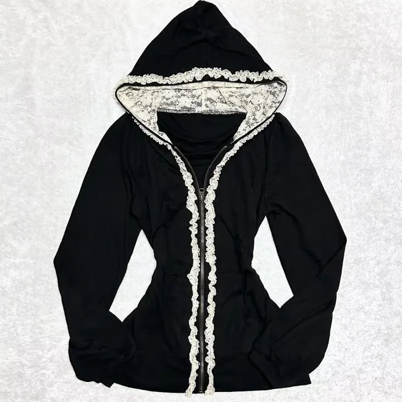 Y2K zipped hoodie aesthetic hip-hop streetwear fashion loose zipper plush jacket solid color top punk rock gothic sweatshirt