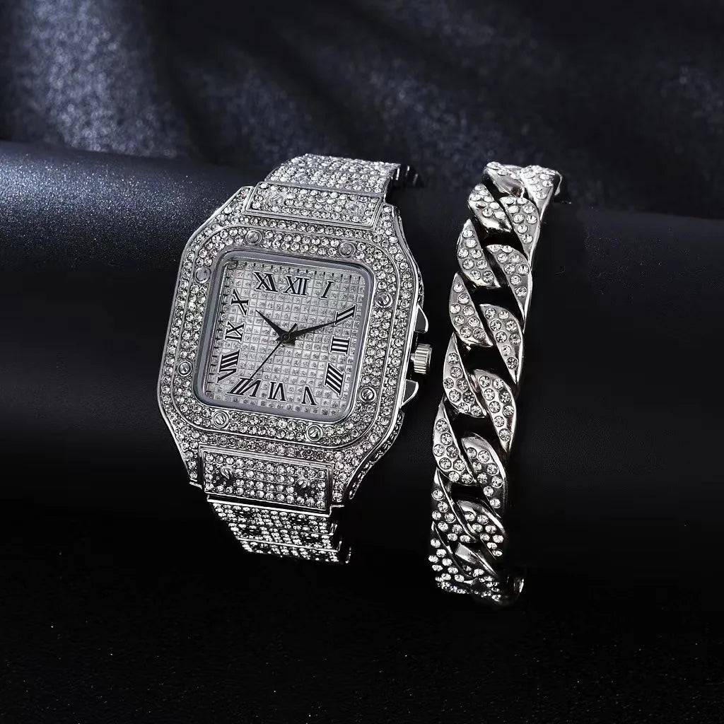 Luxury Fashion Men Women Watch Set Silver Strap Ladies Quartz