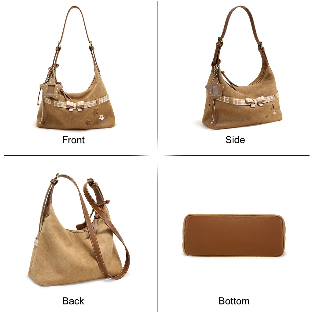 TOUTOU Y2K Bag Brown Plaid Bow Decoration + Cutout Star Pattern