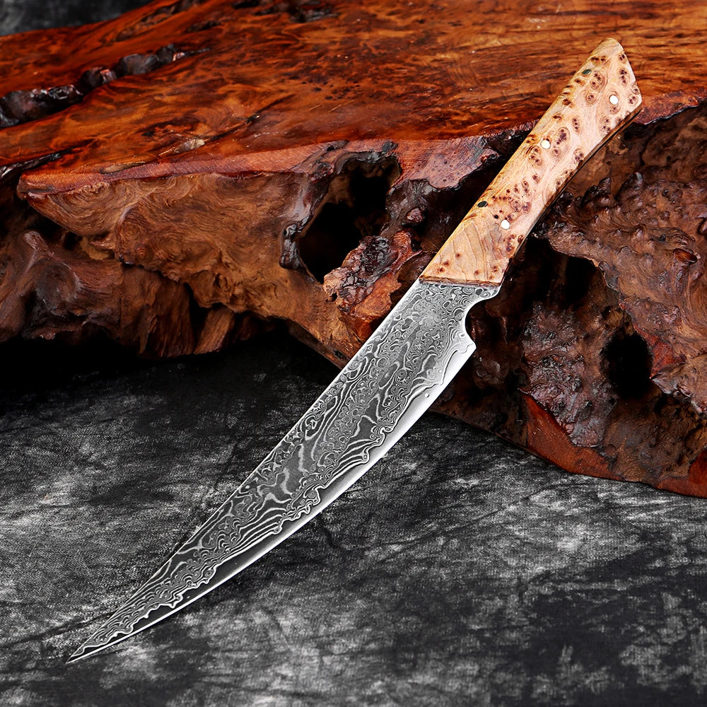 Damascus Steel Handmade Curved Edge Japanese Utility Knife,Full Tang Pakkawood Handle,High Hardness Sharp Kitchen Peeling Knife