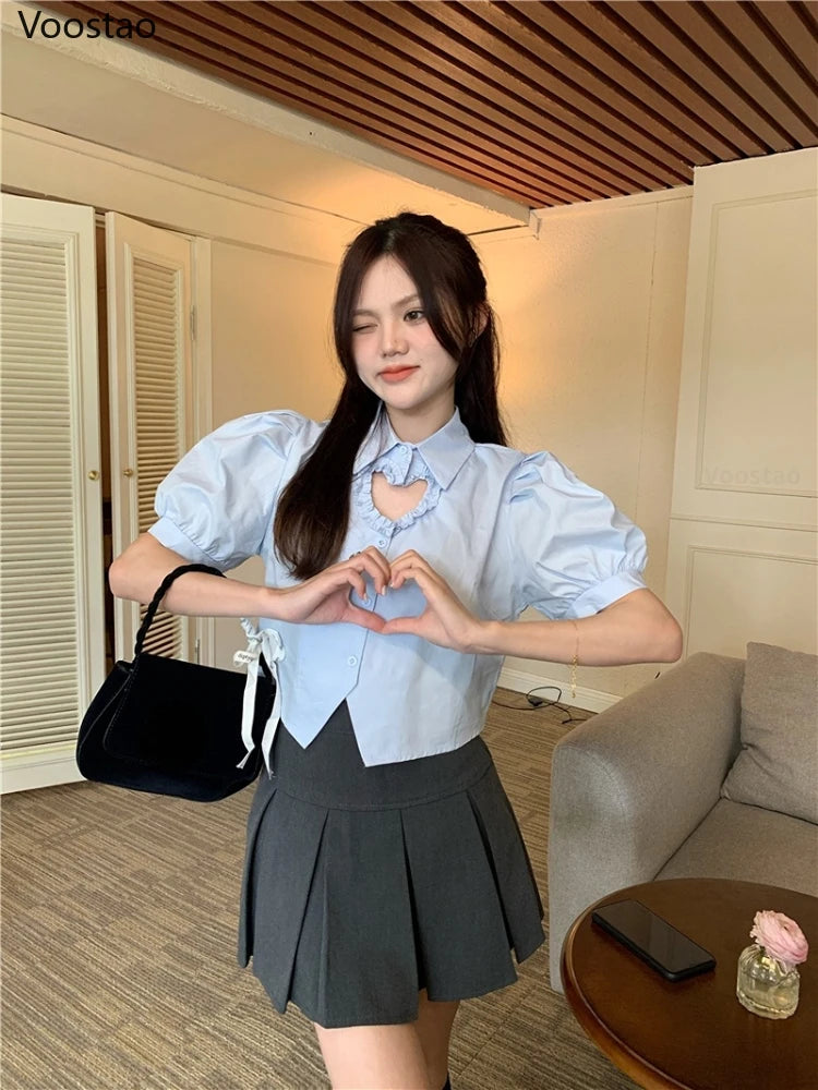 Sweet Lolita Style Blouses White Hollow Out Ruffles Heart Crop