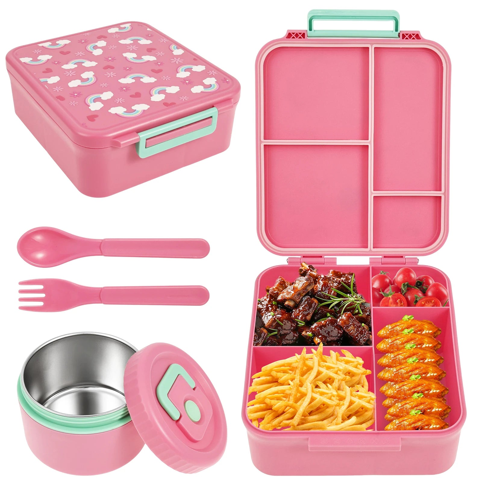 Children and adults outdoor 1700ml large capacity food meal box with four compartments leak proof design and soup can spoon fork
