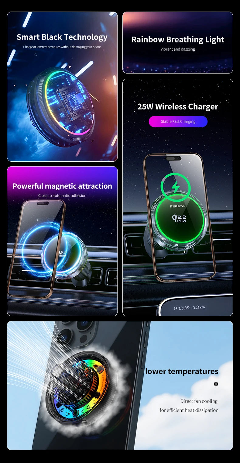 qi2.2 Car 25W Magnetic Wireless Charger Air Cooling RGB Light  Phone Holder For Magsafe iPhone 17 16 15 14 13 12 Fast Charging