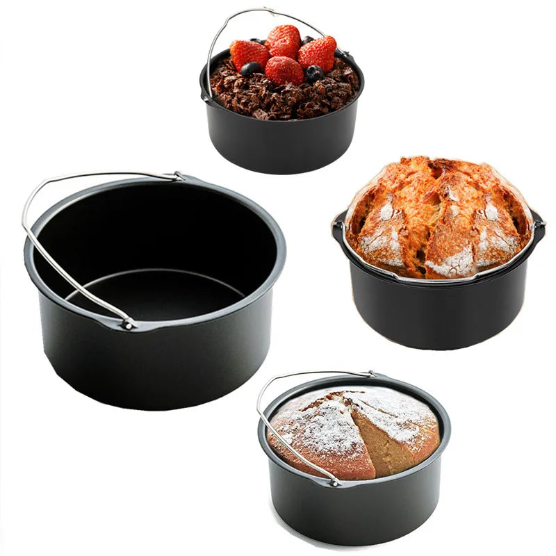 8-inch Round Hand-Held Nonstick Thickening Carbon Steel Air Fryer Cake Basket Baking Mold Barrel Household Baking Accessories
