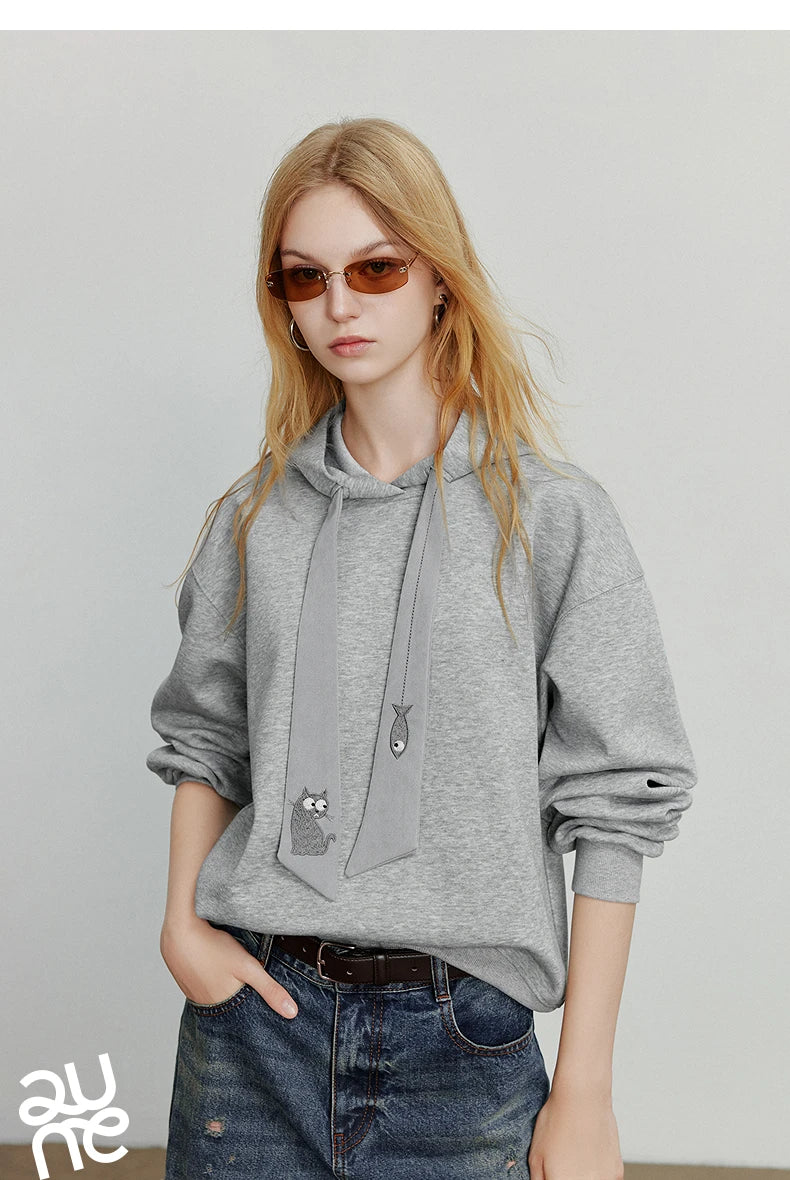 TOYOUTH Women Hoodies Sweatshirt 2025 Autumn New College Style Cat Embroidery Tie Cotton Hooded Pullover Tops