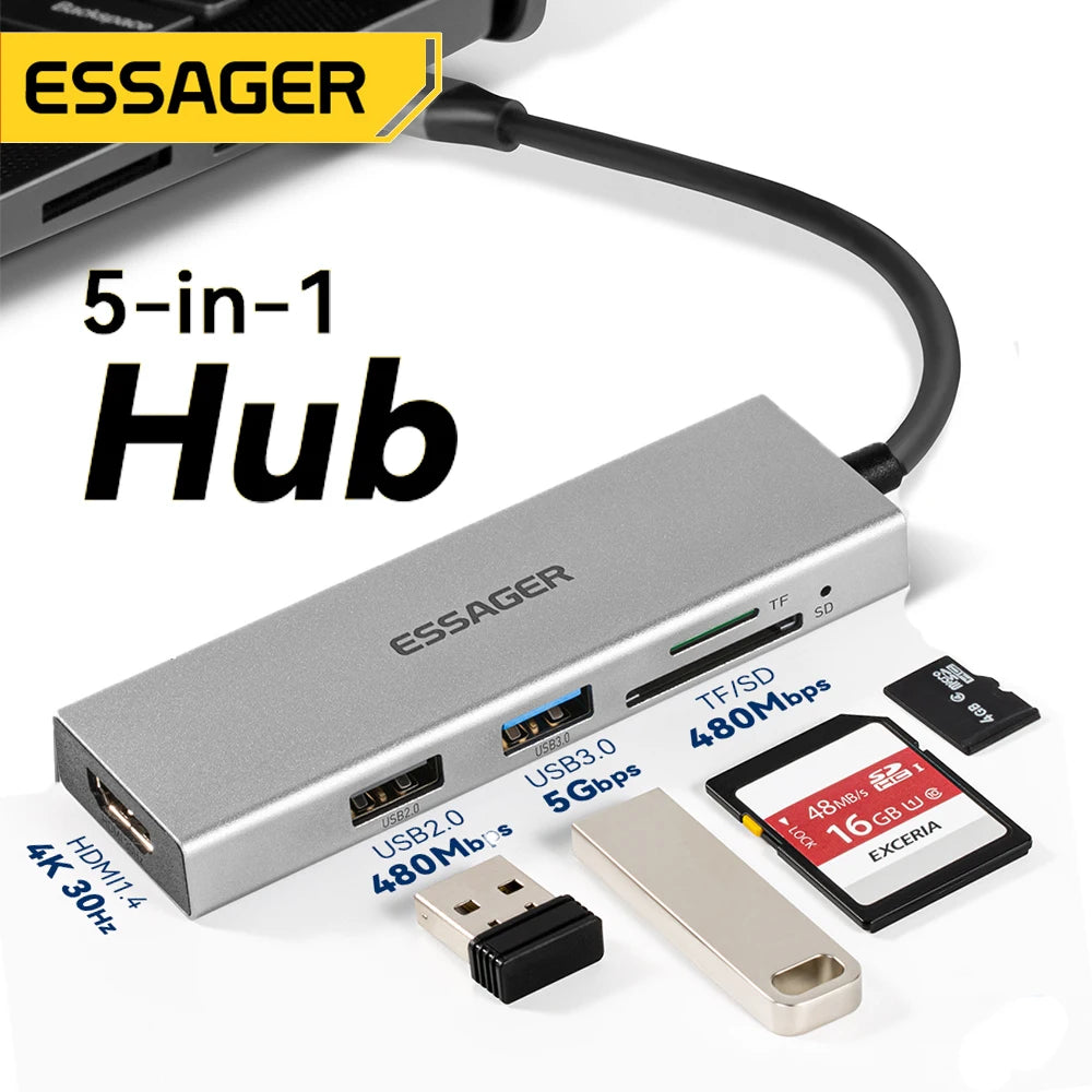 Essager USB C Type C Cable Hub Extender High Speed USB 3.0 2.0 SD