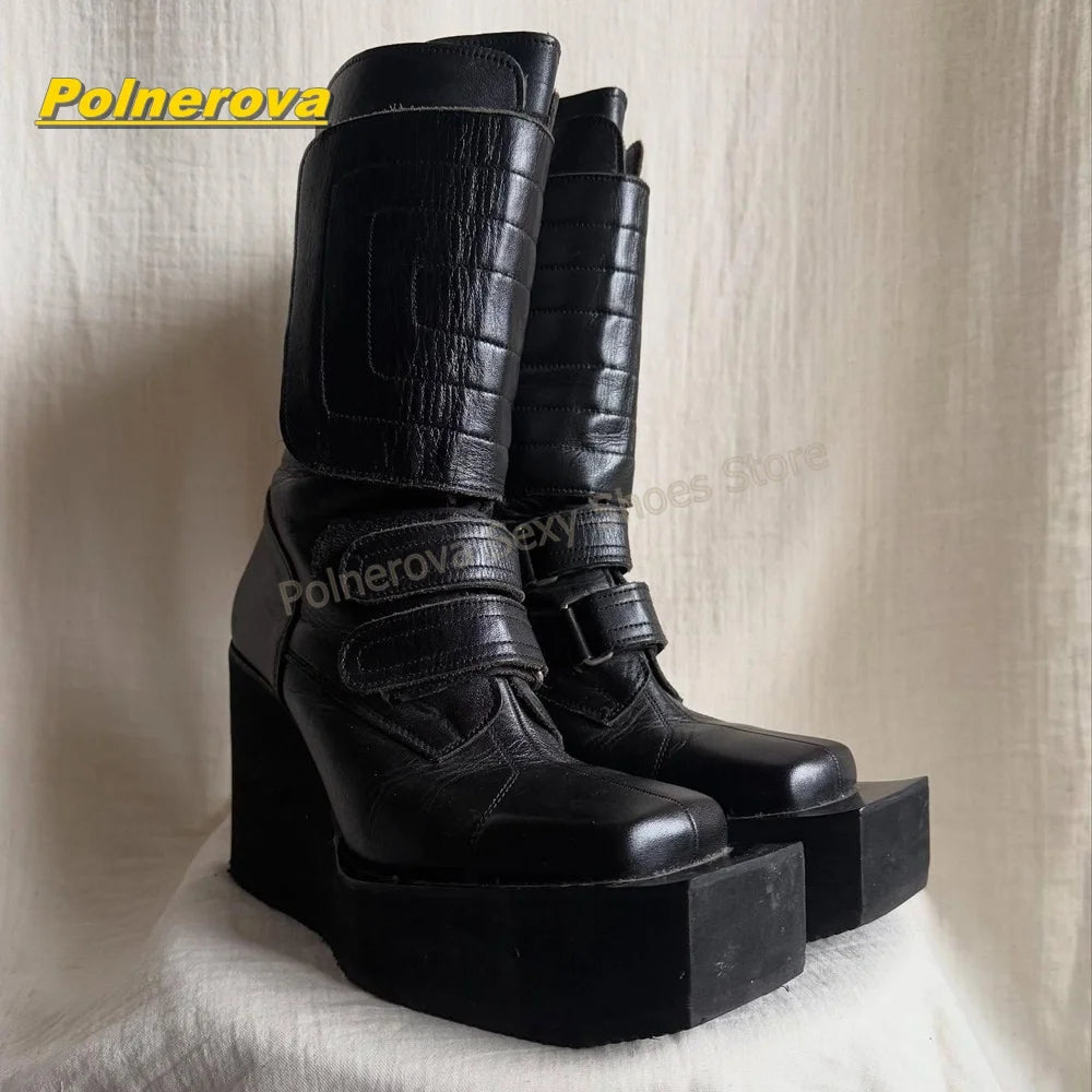 Vintage Y2K Wedge Mid Calf Boots Women Square Toe Hook and Loop