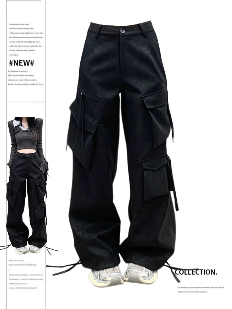 Women's Black Gothic Cargo Pants Y2K 90s Vintage Harajuku Retro