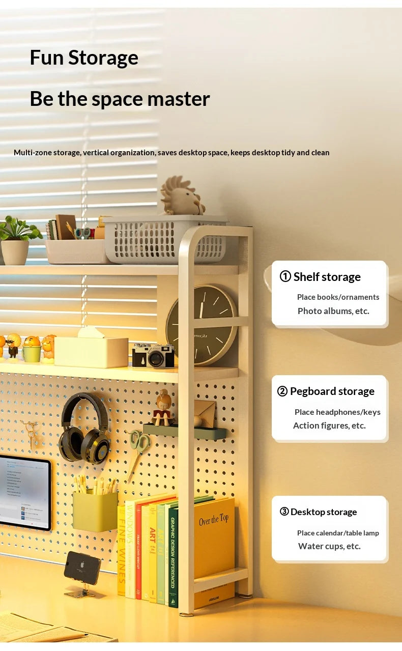 Iron Desktop Pegboard Bookshelf Multi Tier Desk Organizer Storage Shelf Student Computer Workstation Tidy Rack Cabinet Furniture