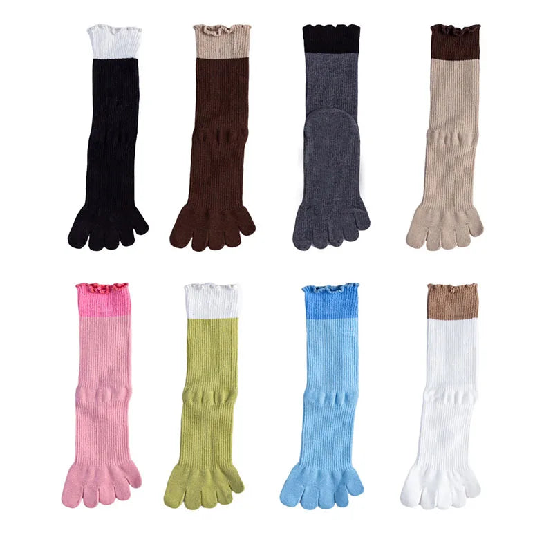 New Splicing Color Ruffle Edge Five Toe Socks For Women Sweet INS 5 Fingers Middle Tube Socks Soft Cotton Elastic Split Toe Sock
