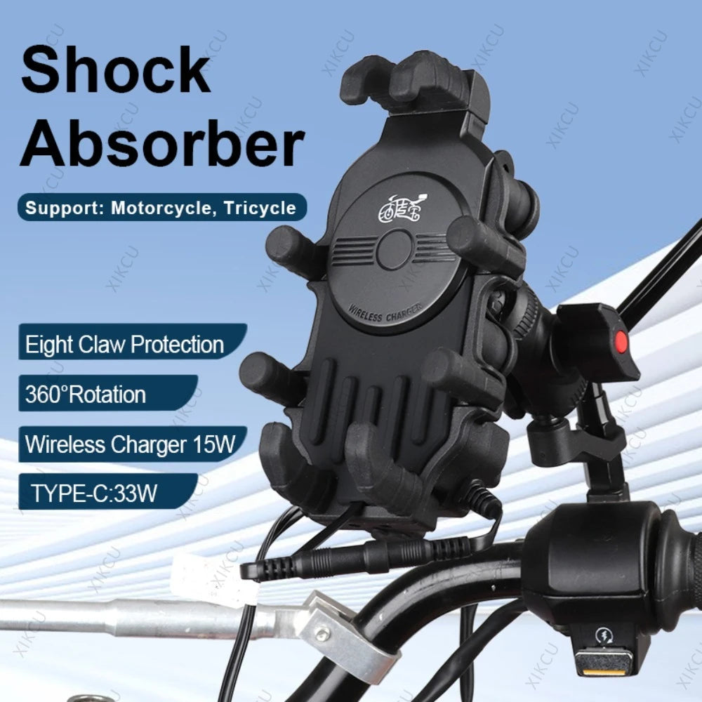 15W Wireless Charger 33W Type C Port Motorbike Bike Cellphone Bracket Octopus Shockproof Phone Holder Motorcycle Bicycle Stand