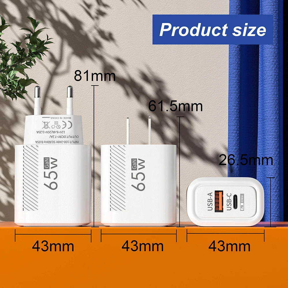65W GaN Fast Charging USB Type C Charger US EU Plug PD 3.0 Quick