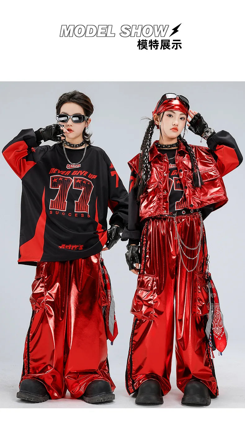 Boys Hip Hop Sweatshirt Shiny Vest Street Dance Cargo Pants Girls K-pop Clothes Set Kids Jazz Red Costumes Children Streetwear