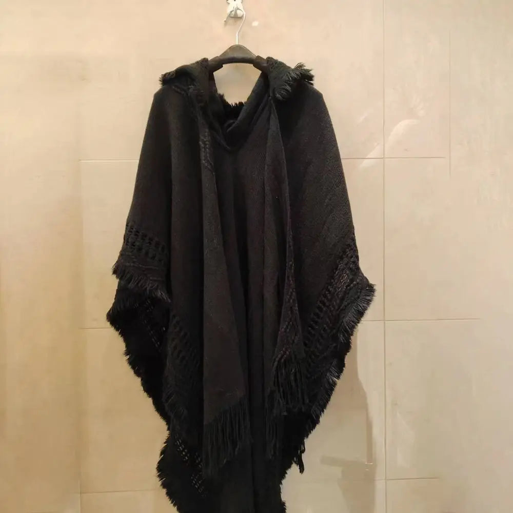 Luxury Elegant Cloak Hooded Knitted Shawl Bohemian Winter Warm Ladies Tassel Cape Oblique Stripe Wraps Scarf Coat