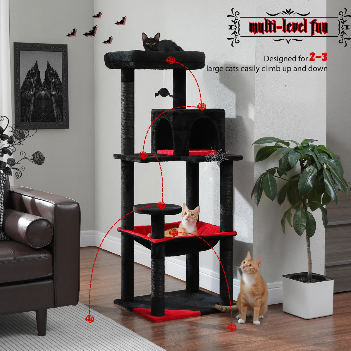 Cat Tree for Indoor Cats 5-Level Cat Tower for Large Cats with Large Hammock Sisal Covered Scratching Posts Cozy Condo Top Perch