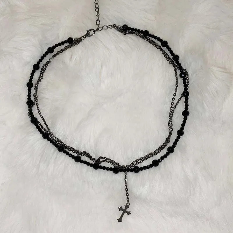 Gothic Punk Y2K Black Crystal Cross Pendant Necklace for Women