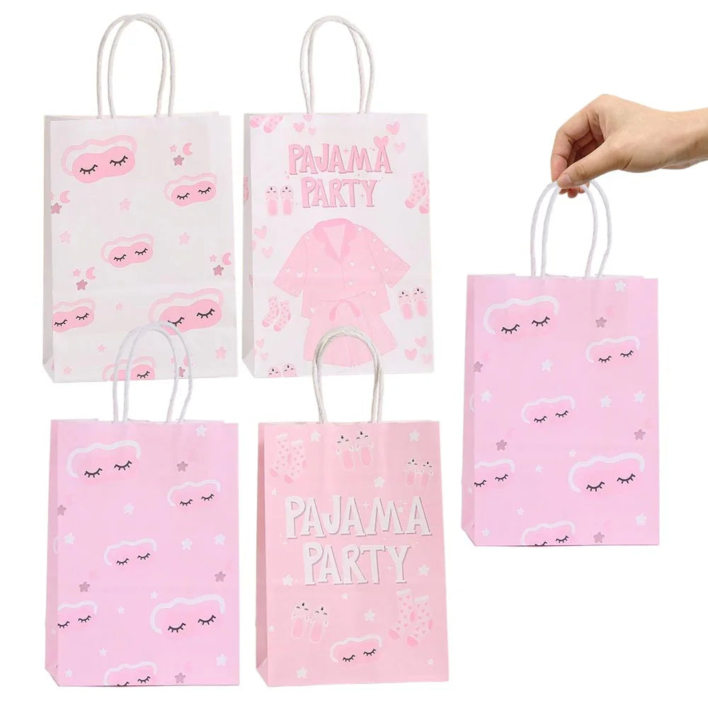Pink Pajama Theme Candy Biscuit Snack Gift Bags with Handle Girls Night Birthday Party Baby Shower Decoration Supplies Gifts