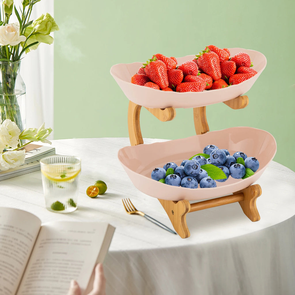 2 Tier Ceramic Fruit Bowl with Bamboo Wood Stand