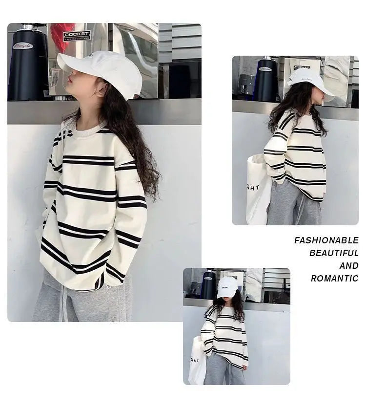 Spring Autumn Girls Cotton Contrast Striped Workout Sweatshirt+Sweatpant Sets School Kids Tracksuit Child Jogging Outfit 5-16Yrs