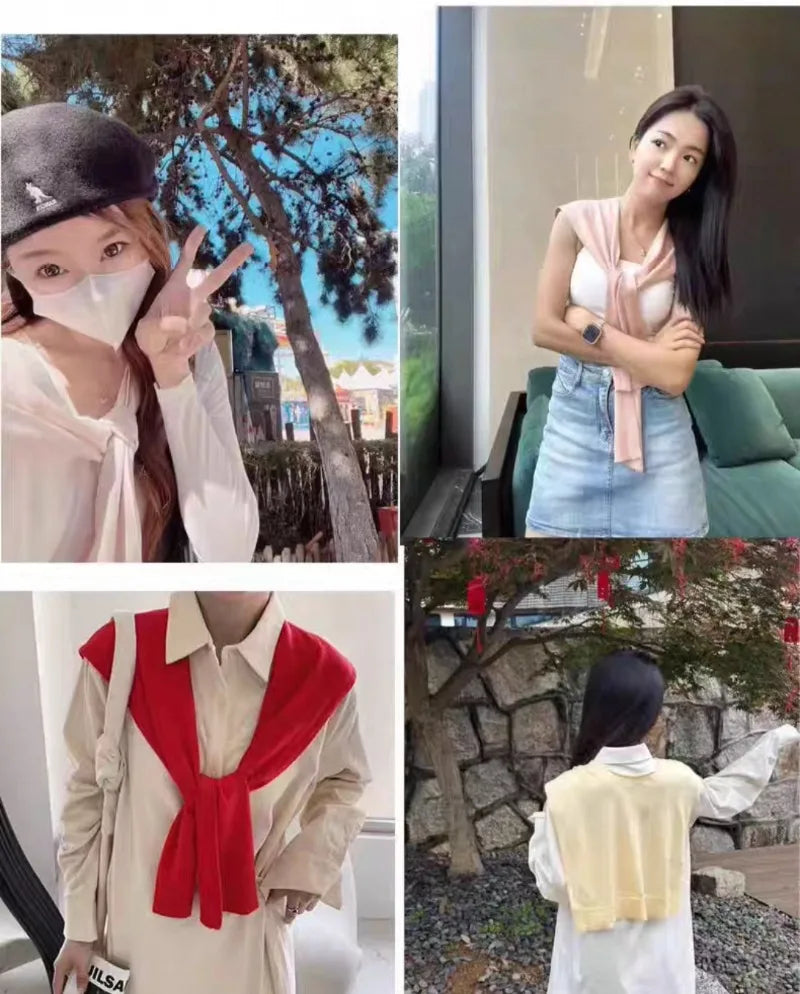 Korean Knitted Shawl Summer Fashionable Versatile Fake Collar Neck Guard Knotted Cape Shoulder Scarf Solid Color Scarve Women