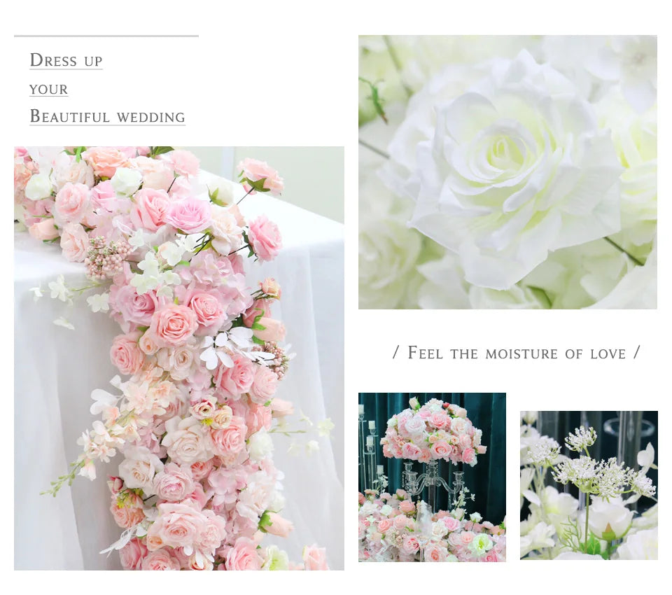 White Wedding Backdrop Decor Rose Floor Flower Runner Event Table Centerpieces Ball Pink Floral Strip Arrangement Party Props