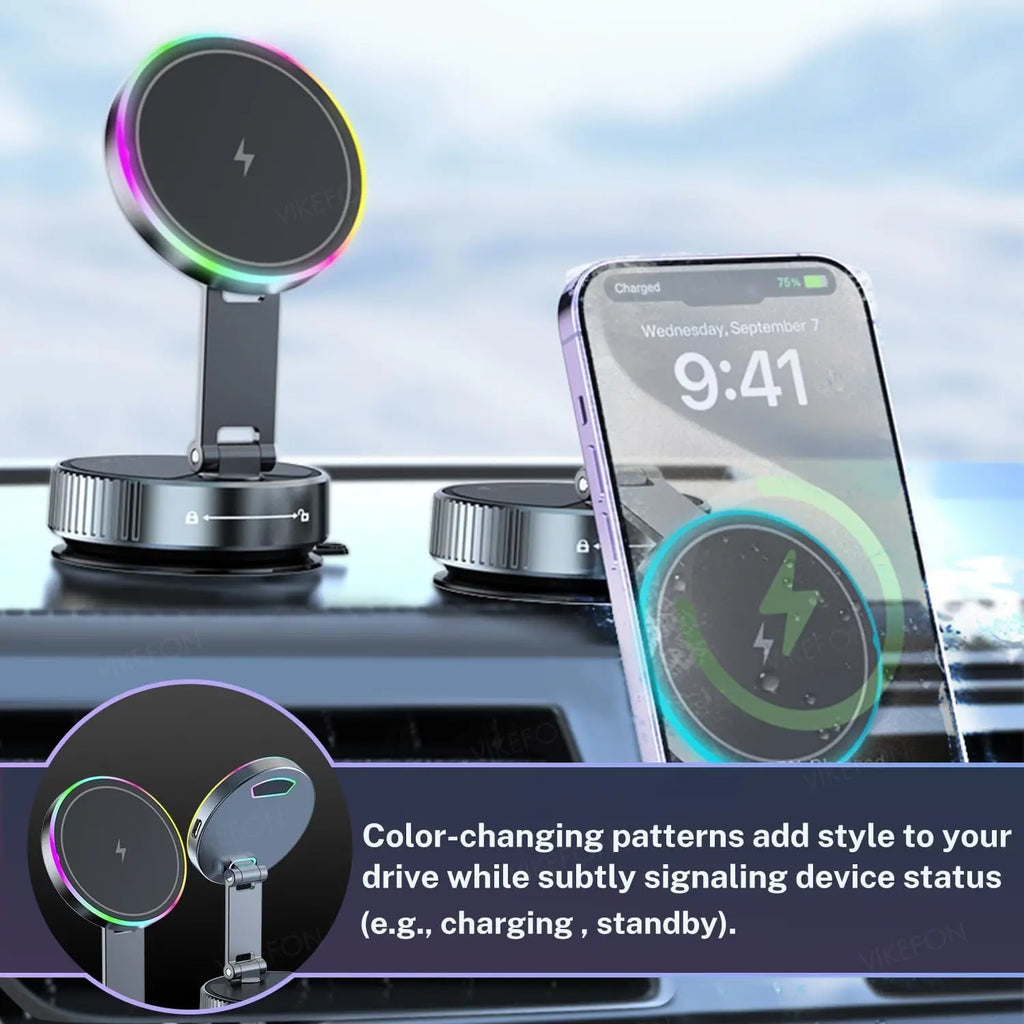 Cooling Wireless Charger Car Phone Holder with Breathing RGB Light Magnetic Suction Cellphone Bracket for iPhone 12-17 Pro Max