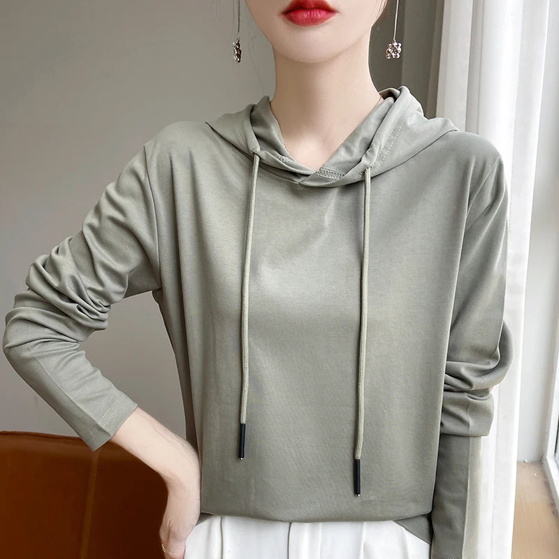 Spring Summer 100% Mercerized Cotton Hoodie Women Loose Straight Tops Simple Casual sweatshirt For Minimalist 2025