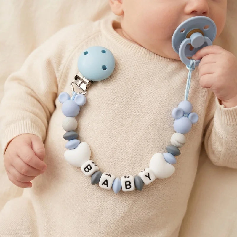 Custom Baby Name Pacifier Holder Blue Heart Silicone Beads