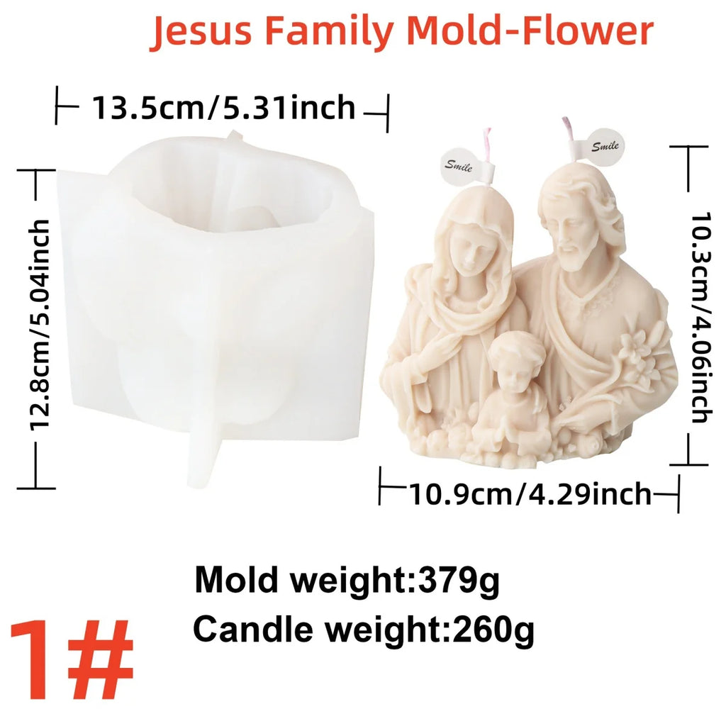3D Holy Family Statue Silicone Mold Jesus Virgin Mary Baby Family with Three People Candle Resin DIY Tool Religion Home Decor