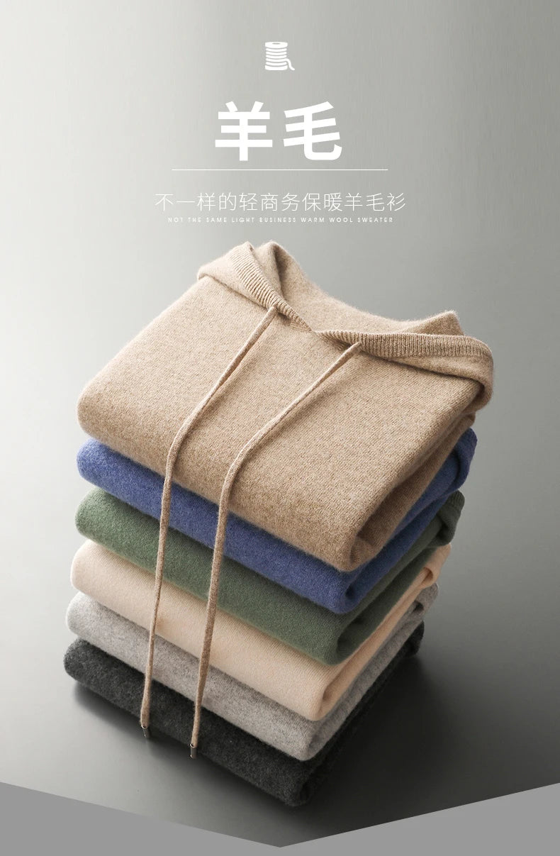 MVLYFLRT Men's 100% Merino Wool Sweater Hooded Collar Knitted Pullover Sweatshirt Autumn Winter Casual Large Tops Long Sleeved